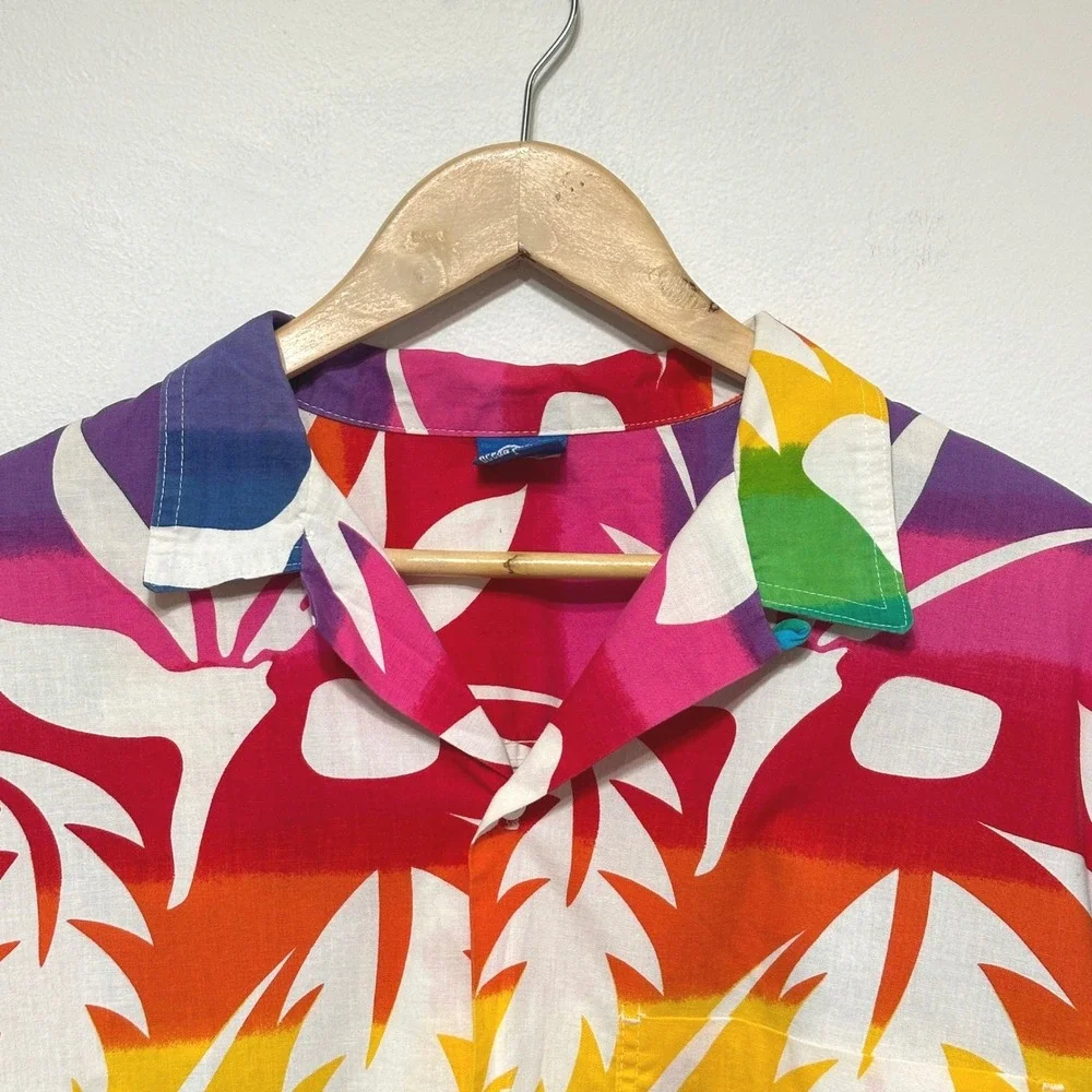 Vintage‎ Ocean Pacific Rainbow Palm Button Up Camp Shirt XL Boxy Crop Beach 80s